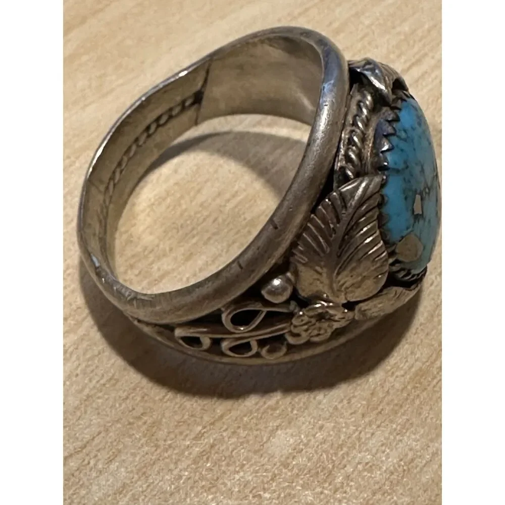Vintage Southwestern Sterling Silver Turquoise Leaf Motif Ring Sz 11.75